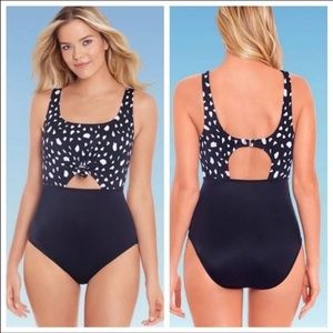 Beach Betty by miracle brands one piece swim knot front black white polka dot 1X